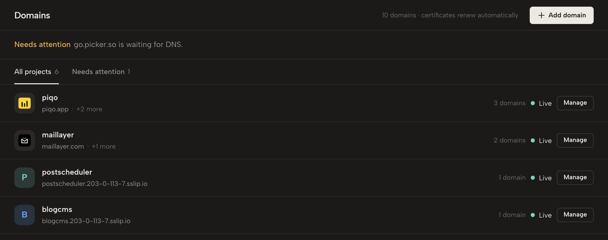 Domains across projects, each one live with its certificate.